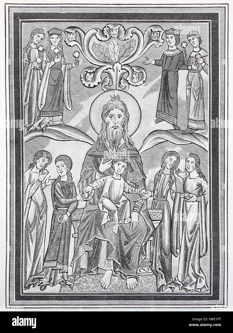 Miniature in the Psalterium of Landgrave Hermann of Thuringia, depicting the biblical promise to the righteous, Psalm 92, Germany, reproduction of an woodcut from the 19th century, 1885 Stock Photo