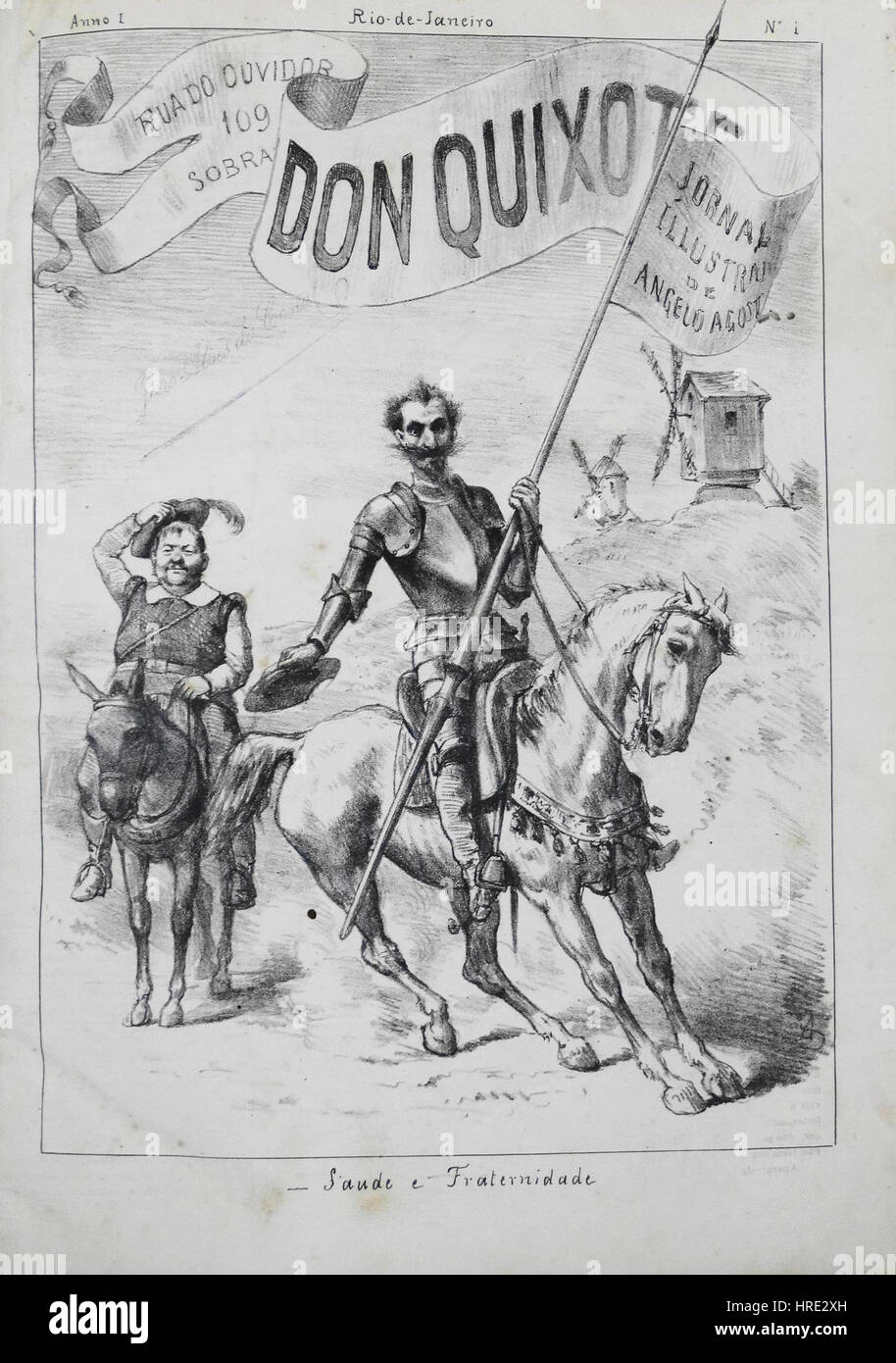 This 1895 print of 'Don Quixote' portrays the legendary Spanish character, captured in dramatic detail as he embarks on his quests. The artwork emphasizes his idealistic view of chivalry, inspired by the classic literary work by Miguel de Cervantes. Stock Photo
