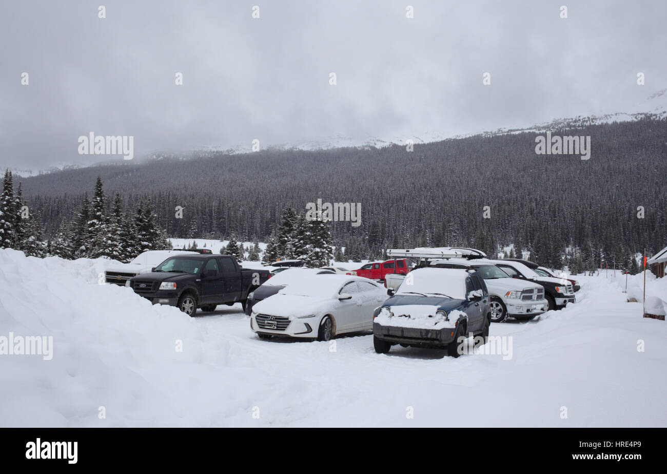 Snowy parking lot at Num-Ti-Jah Lodge at Bow Lake Stock Photo