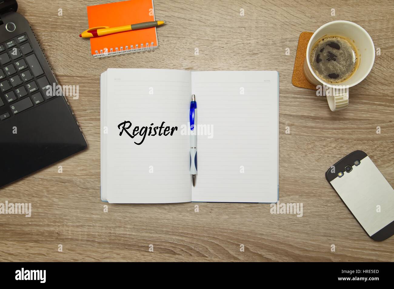 Open notebook with text and a cup of coffee on wooden background Stock ...