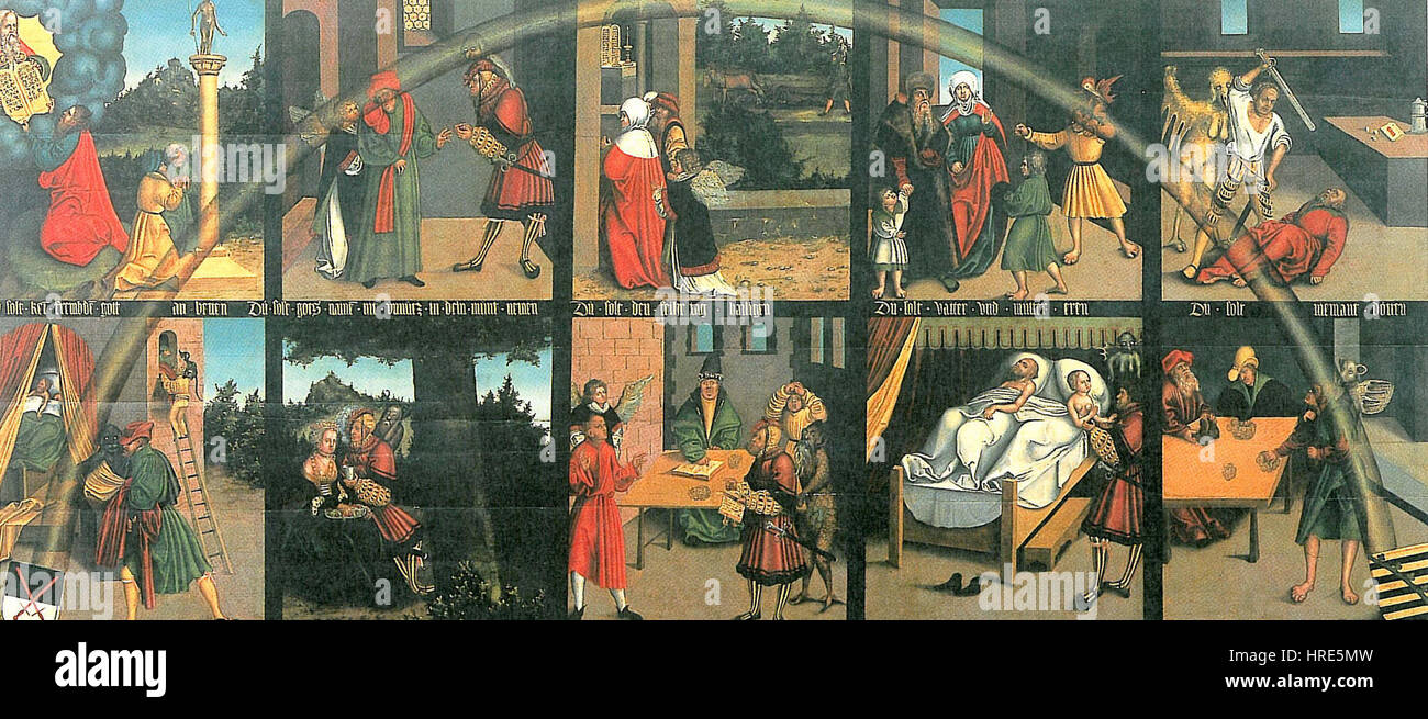 '10 Gebote' (The Ten Commandments) by Lucas Cranach the Elder depicts the biblical laws given to Moses. The painting illustrates the importance of these commandments in religious doctrine. Stock Photo