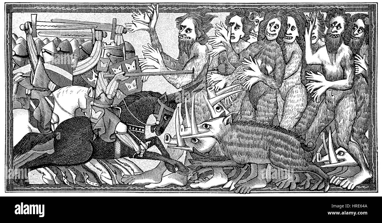 Alexander in the fight with six-handed humanlike creatures and pigs with terrible teeth, from the Brussels manuscript of the priests of Lamprecht, Belgium, Alexander the Great, reproduction of an woodcut from the 19th century, 1885 Stock Photo