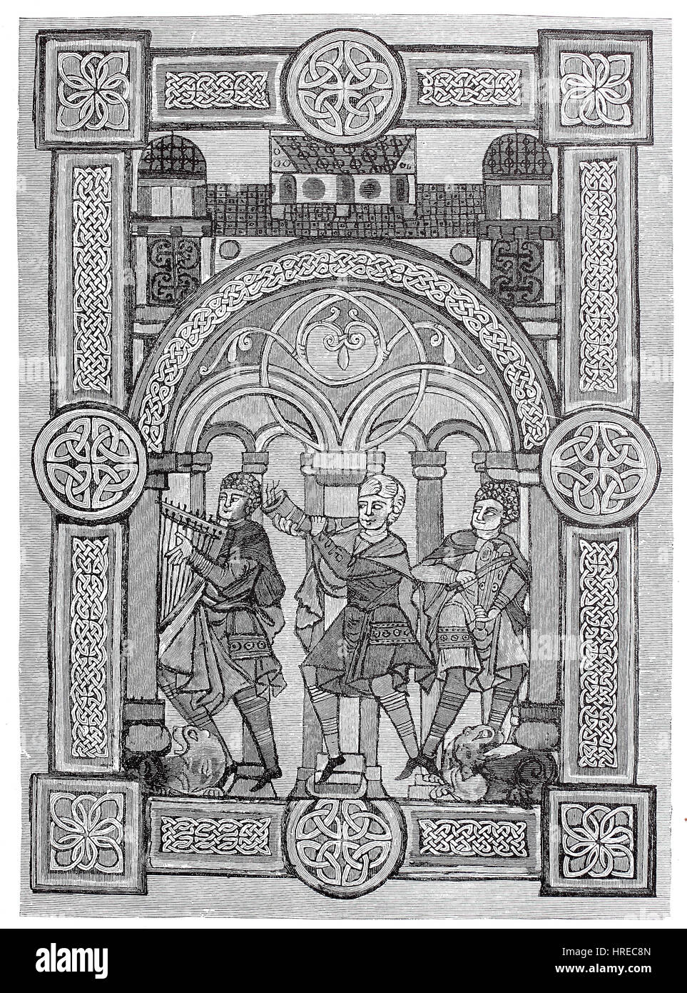 David's choir guide, miniature in a psalter from the end of the eleventh century, Germany, reproduction of an woodcut from the 19th century, 1885 Stock Photo