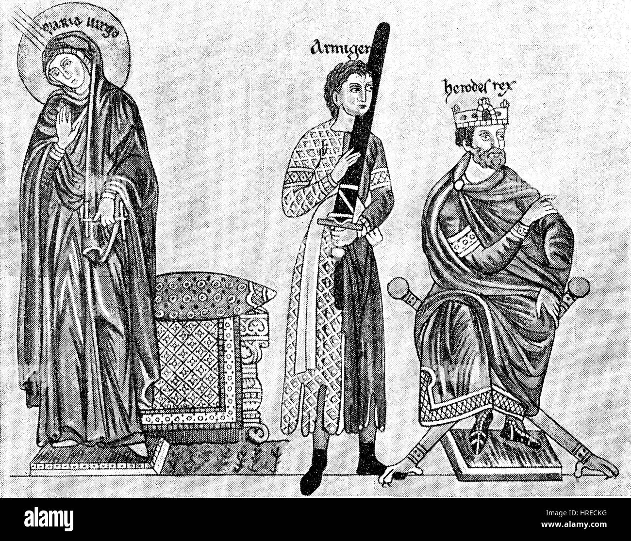 Courtesan costumes at the time of Emperor Frederick I, from the picture manuscript, Hortus deliciarum, Lustgarten, Germany, executed around 1165-1175 by the abbess Herrad von Landsberg, reproduction of an woodcut from the 19th century, 1885 Stock Photo