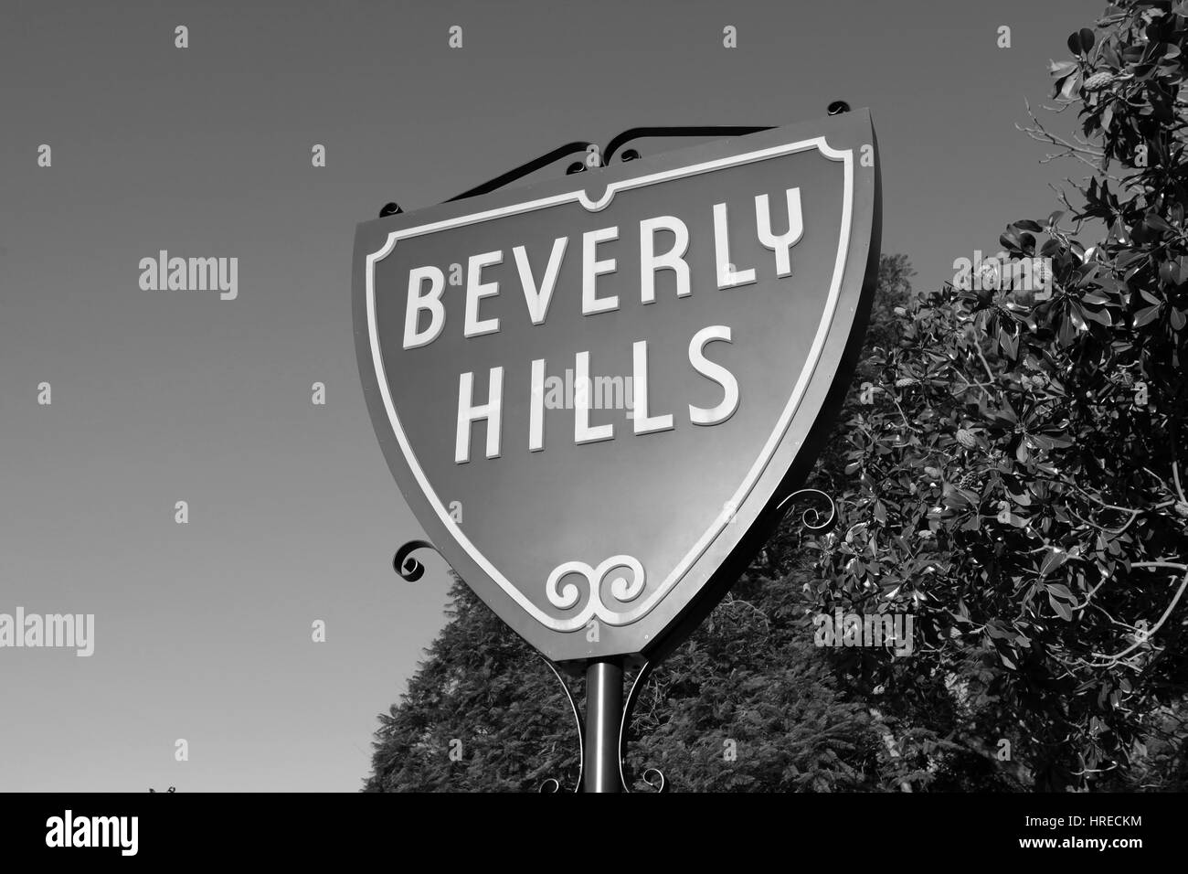 Beverly Hills, California, USA - September, 4th 2010:  The famous Beverly Hills Shield sign in black and white Stock Photo