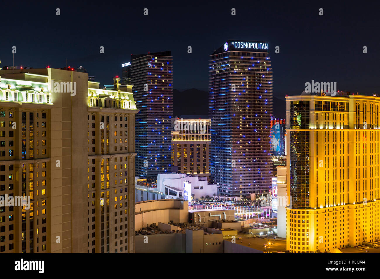 Las Vegas, Nevada, USA - March 23, 2015:  Cosmopolitan and other Las Vegas strip resort towers at night. Stock Photo