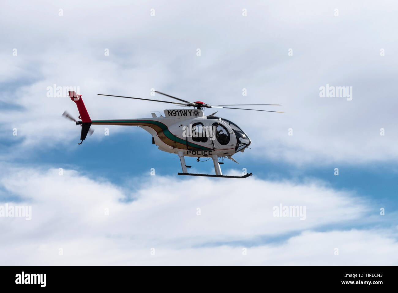 Las Vegas, Nevada, USA - February, 6,2015:  Las Vegas Metropolitan Police helicopter speeding by on patrol. Stock Photo