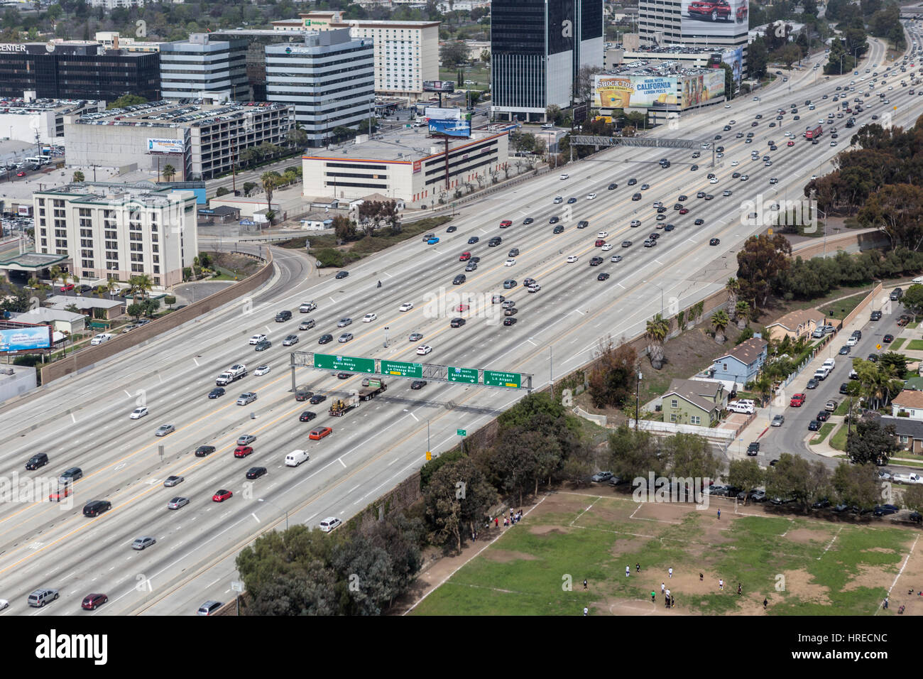 Los Angeles, California, USA - March 22, 2014:  Aerial view of free flowing traffic on Los Angele's giant San Diego 405 Freeway. Stock Photo