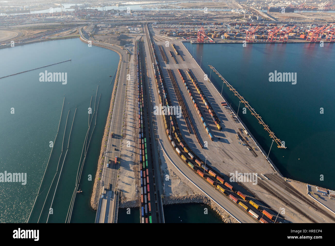 Los Angeles, California, USA - August 16, 2016:  Cargo container trains lined up at the Ports of Long Beach and Los Angeles. Stock Photo