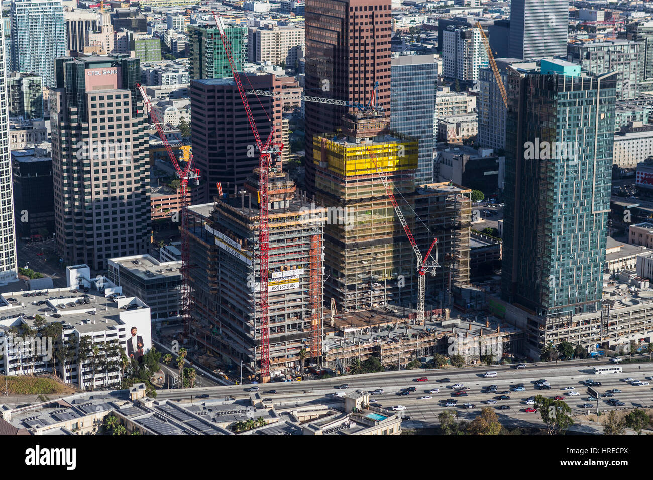 Los Angeles, California, USA - August 6, 2016:  Afternoon aerial view highrise construction in the South Park area of downtown. Stock Photo