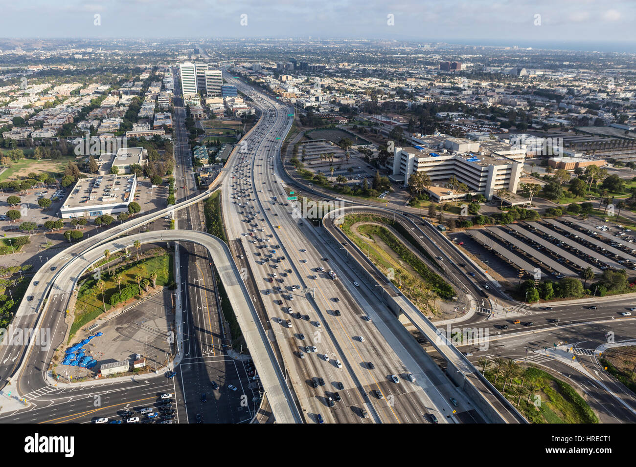 Los Angeles, California, USA - August 6, 2016:  Aerial view of Wilshire Blvd ramps to the San Diego 405 Freeway in West Los Angeles. Stock Photo