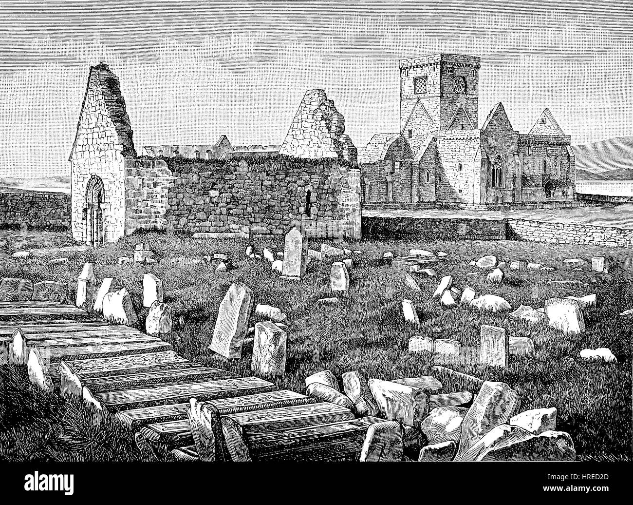 The royal tombs of the Anglo-Saxons and the ruins of the monastery, founded in the second half of the sixth century by Kolumba, on the island of Iona, a small island in the Inner Hebrides, Scotland. It was a centre of Gaelic monasticism , reproduction of an woodcut from the 19th century, 1885 Stock Photo