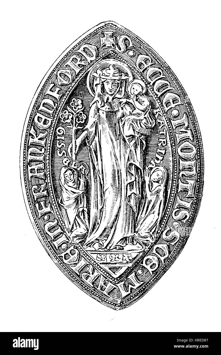 Spitz oval seal of the collegiate church Liebfrauenkirche on the Liebfrauenberg at Frankfurt am Main, Frankfort, Germany, reproduction of an woodcut from the 19th century, 1885 Stock Photo