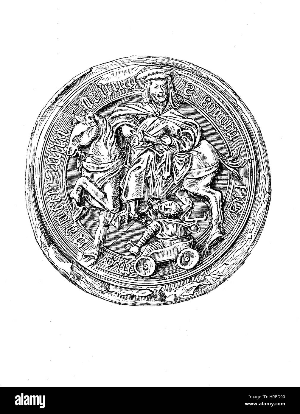 Medieval church seal of Martin Monastery near Dettingen in Wuerttemberg, Germany, reproduction of an woodcut from the 19th century, 1885 Stock Photo