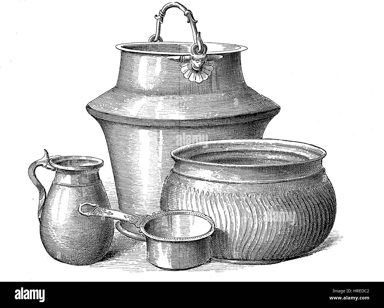 Vessels from the Roman period, a bronze jug from the left, a large bucket of bronze with handles, bronze casseroles and a large kettle-like, ribbed bronze vessel, Germany, reproduction of an woodcut from the 19th century, 1885 Stock Photo