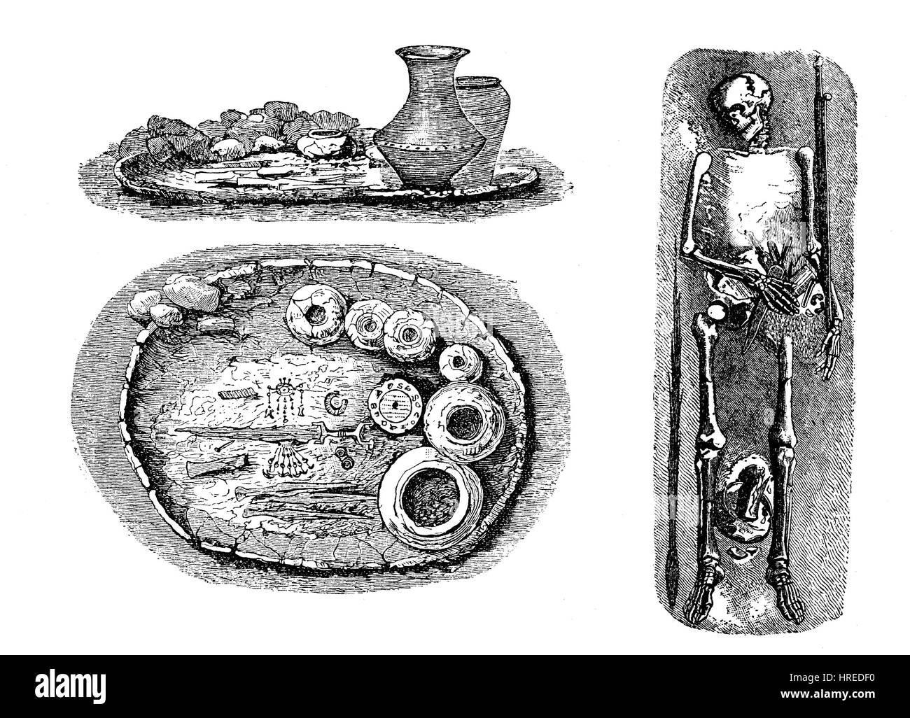 Old Germanic burial types, on the left a burnt grave, grave type for the burial of burned remains of dead as a fire deposit or in vessels of clay, stone, metal or specially made urns, right - the burial with weapons in the earth, Germany, reproduction of an woodcut from the 19th century, 1885 Stock Photo