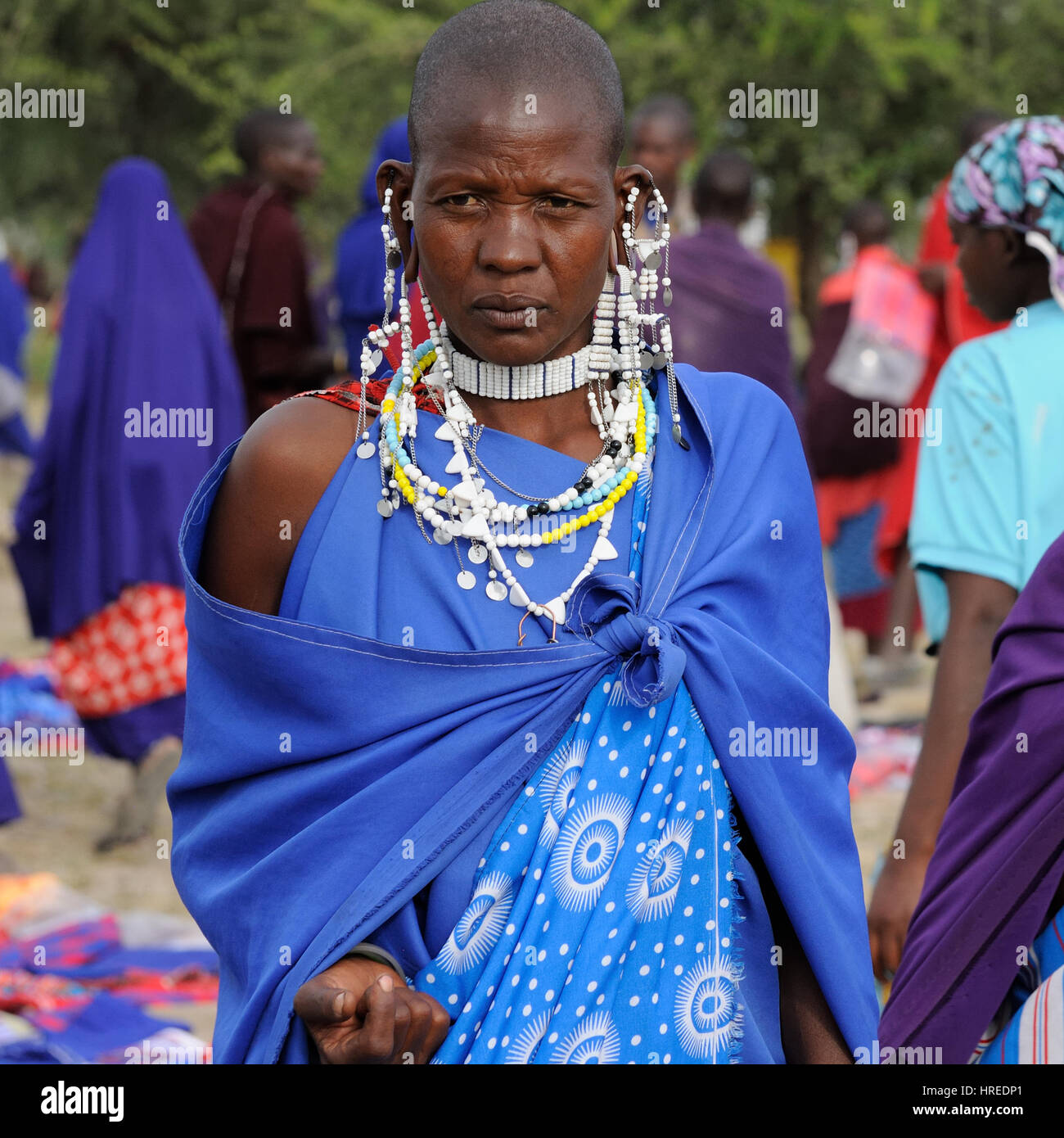 Tanzania, Arusha,2013.05.22:Masai woman tribe in Africa ethnic market with traditional jewellery Stock Photo