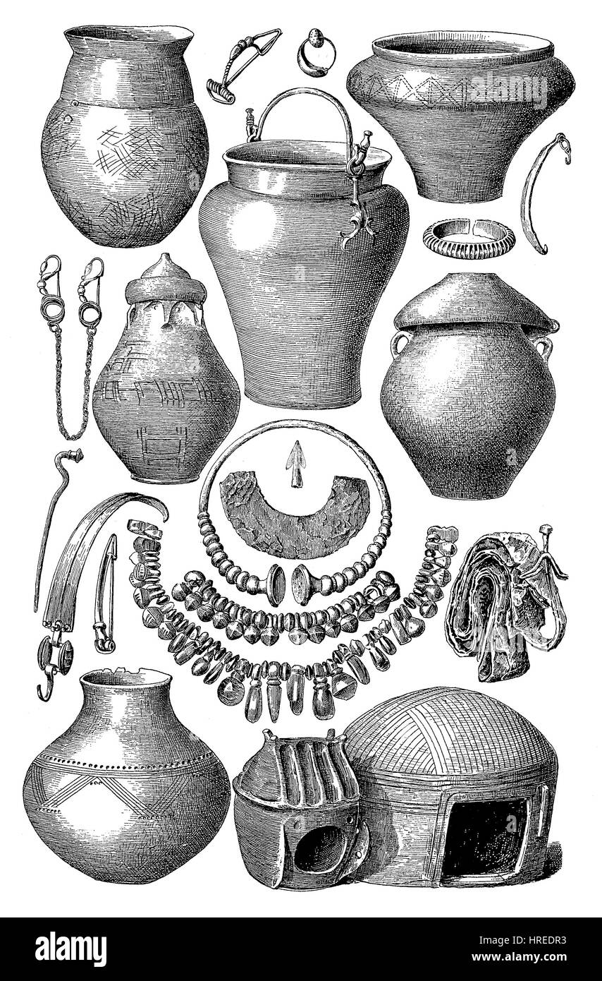 Equipment, jewelery and weapons from the La Tene culture, was a European Iron Age culture, Germany. The La Tene culture was a European Iron Age culture named after the archaeological site of La Tene on the north side of Lake Neuchatel in Switzerland, reproduction of an woodcut from the 19th century, 1885 Stock Photo