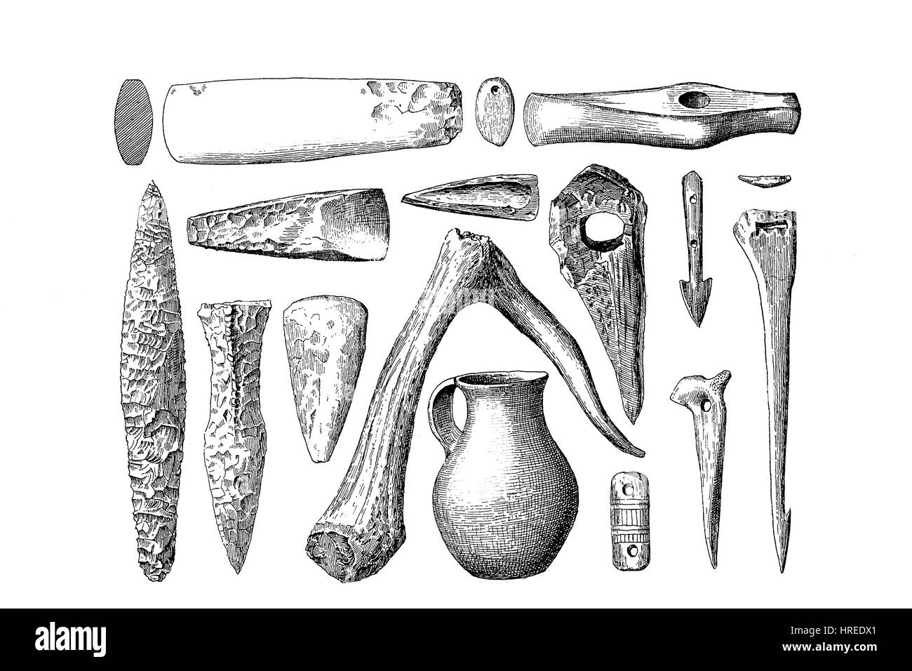 Weapons, jewelry and utensils from the Stone Age, Germany, reproduction