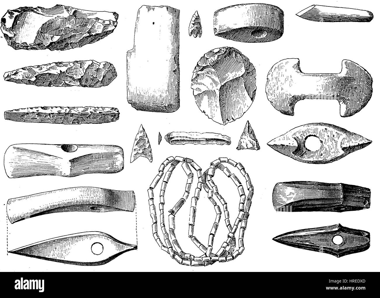 Weapons, jewelry and utensils from the Stone Age, Germany, reproduction of an woodcut from the 19th century, 1885 Stock Photo