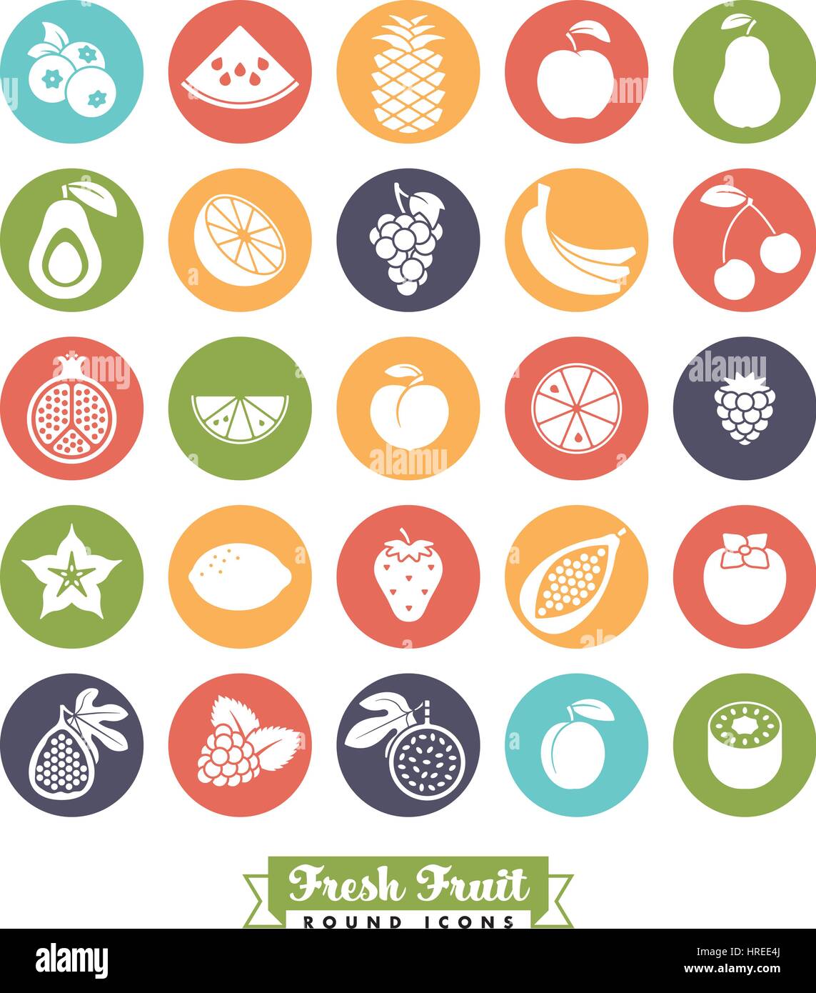 Collection of 25 fruit vector icons, negative in colored circles Stock Vector