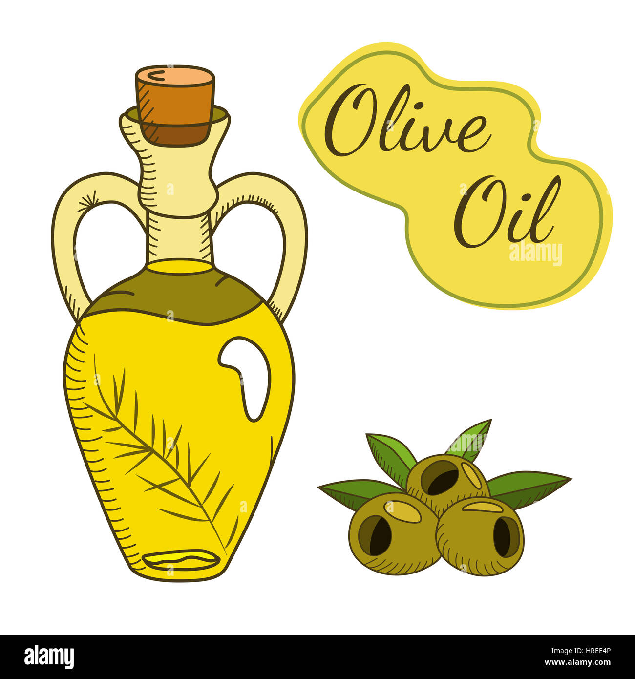 Olive oil in the bottle with a branch and berries. Sketch style. Hand drawn vector EPS10  illustration. Stock Photo