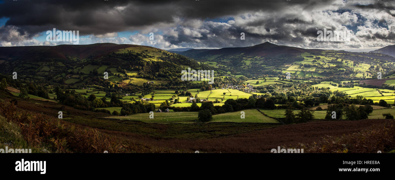 Views to Sugar Loaf and Crickhowell from Table Mountain in the Black Mountains, Brecon Beacons National Park Stock Photo