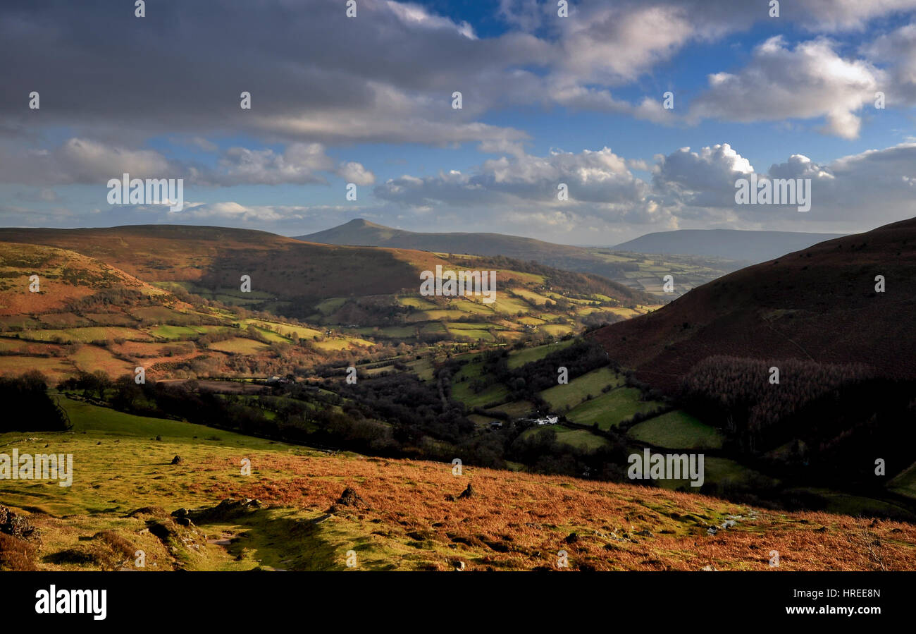 A view of the Black Mountains and Sugar Loaf, Brecon Beacons National Park, Wales, United Kingdom Stock Photo
