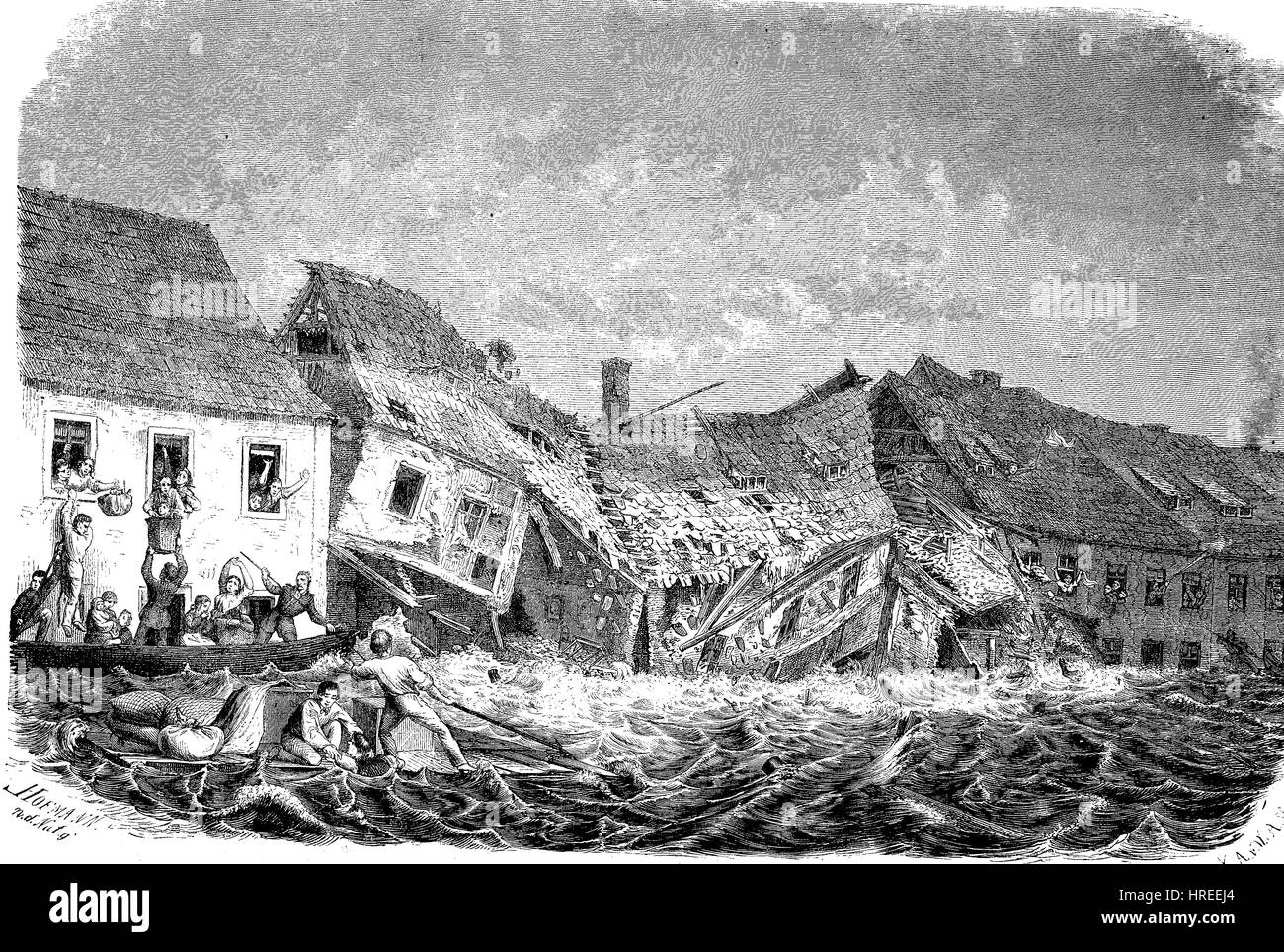 Streets in Glauchau during the flooding, Saxony, Germany, 1854, an article in The Gartenlaube, reproduction of an woodcut from the 19th century, 1885 Stock Photo