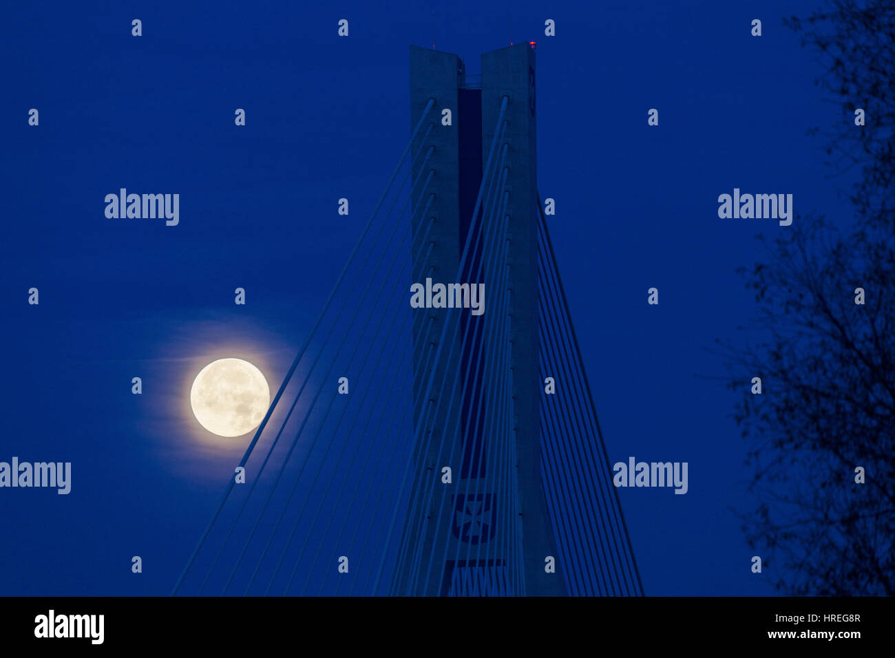 Super moon by Tadeusz Mazowiecki Bridge in Rzeszow. Rzeszow, Podkarpackie, Poland. Stock Photo
