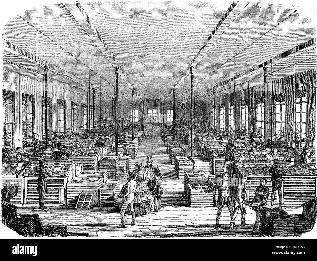 The workshop for the typesetter in the Brockhaus Leipzig, publishing company, Germany, reproduction of an woodcut from the 19th century, 1885 Stock Photo