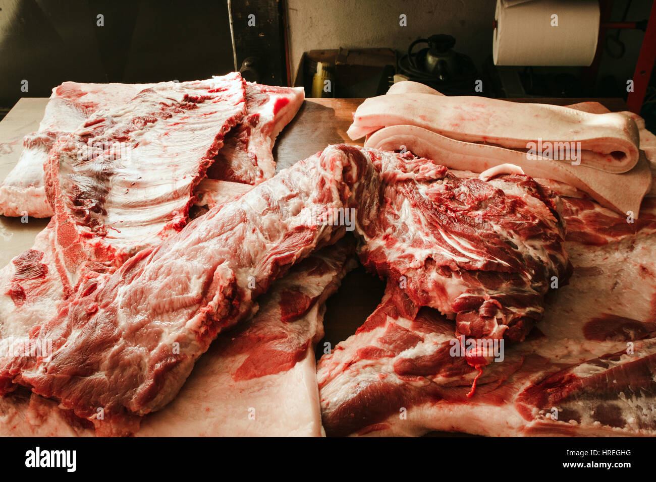 Fresh pork meat from a slaughterhouse in Alba, which is located in the province of Piedmont, Italy. Stock Photo