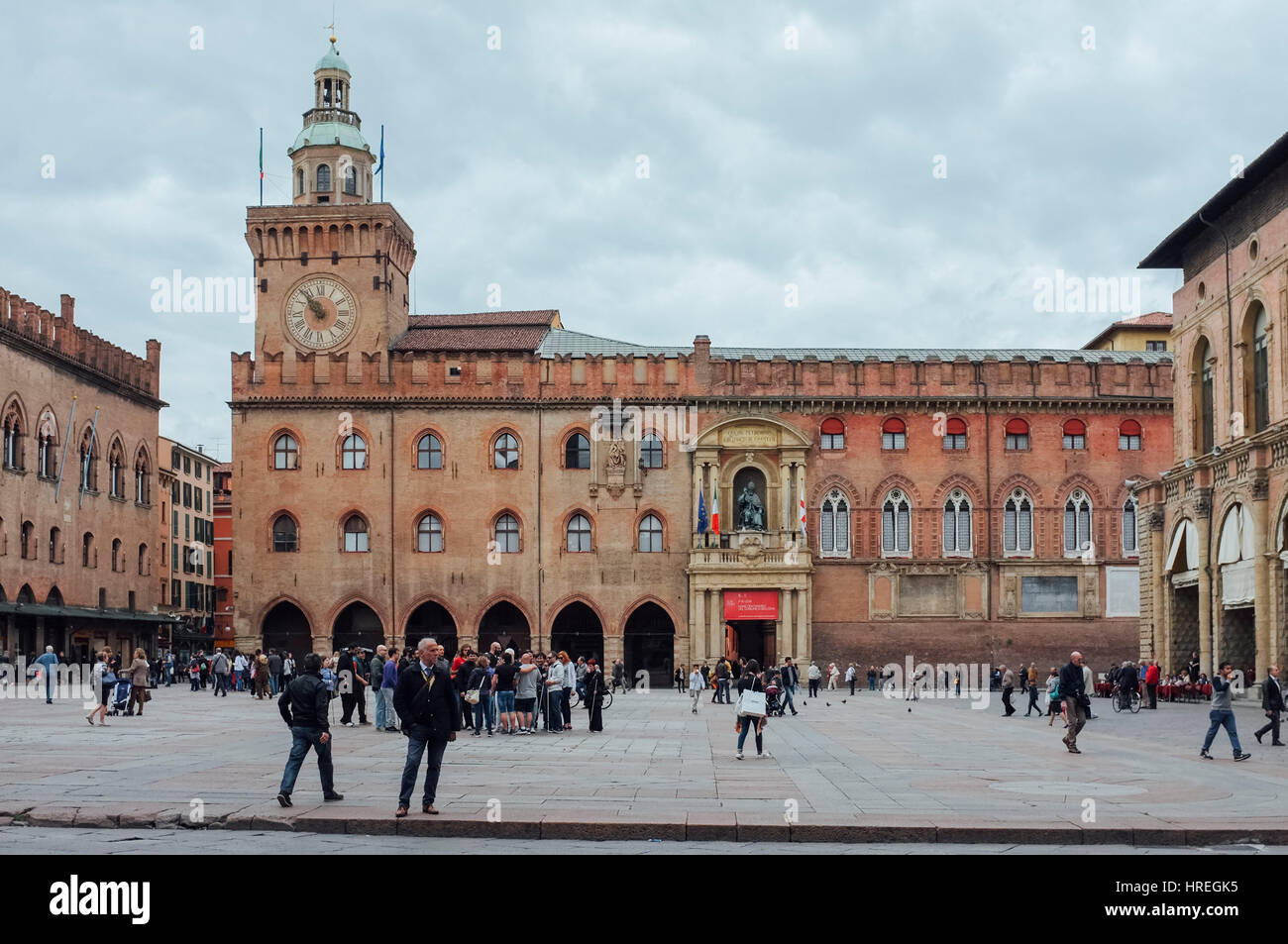 Palazzo d'Accursio or also known as the Palazzo Comunale is home to the Civic Art Collection, which is located on the Piazza Maggiore in Bologna, Ital Stock Photo