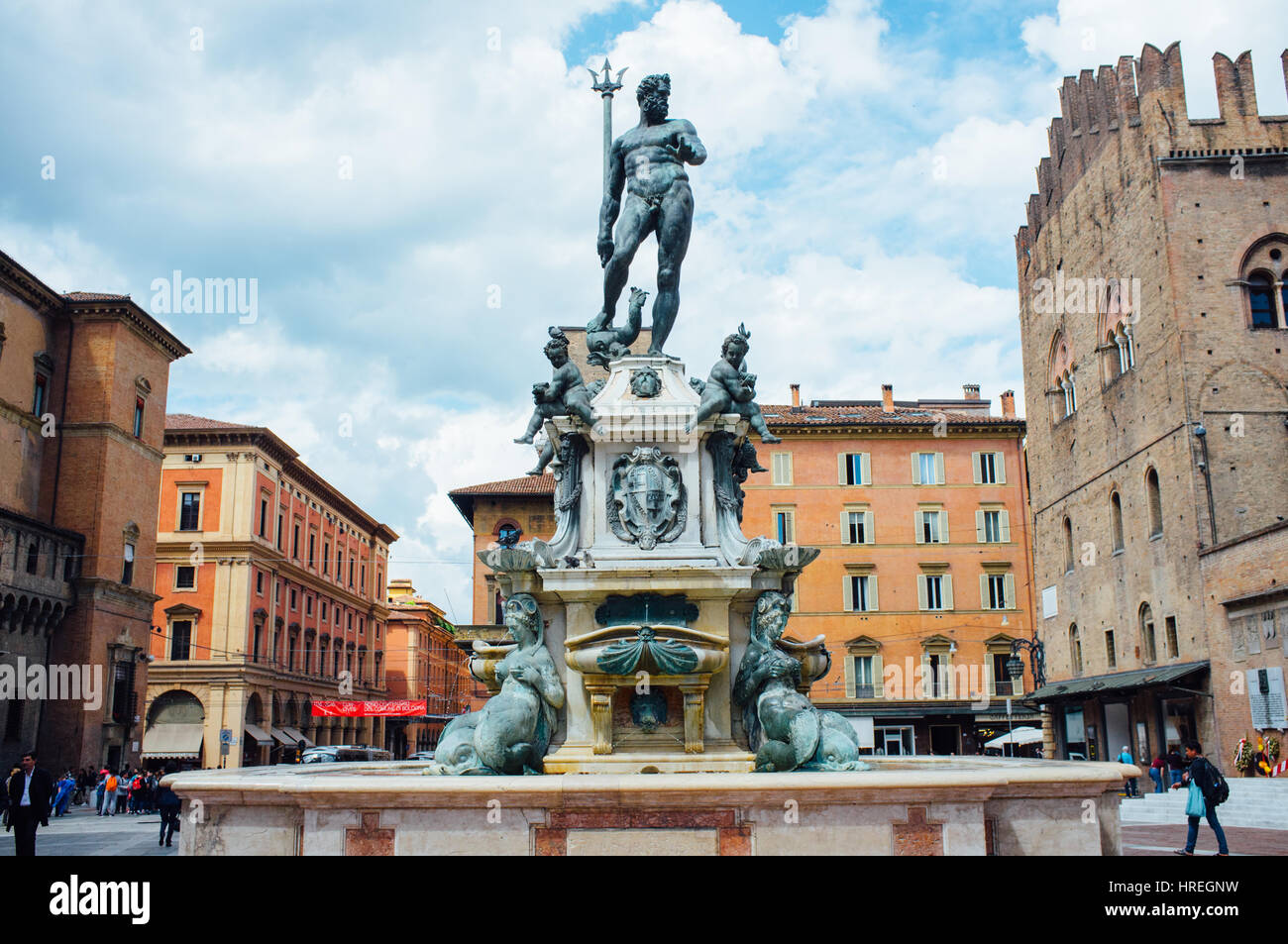 The Fontana del Nettuno located at the Piazza del Nettuno is one of the main tourist attraction in Bologna, Italy. Stock Photo