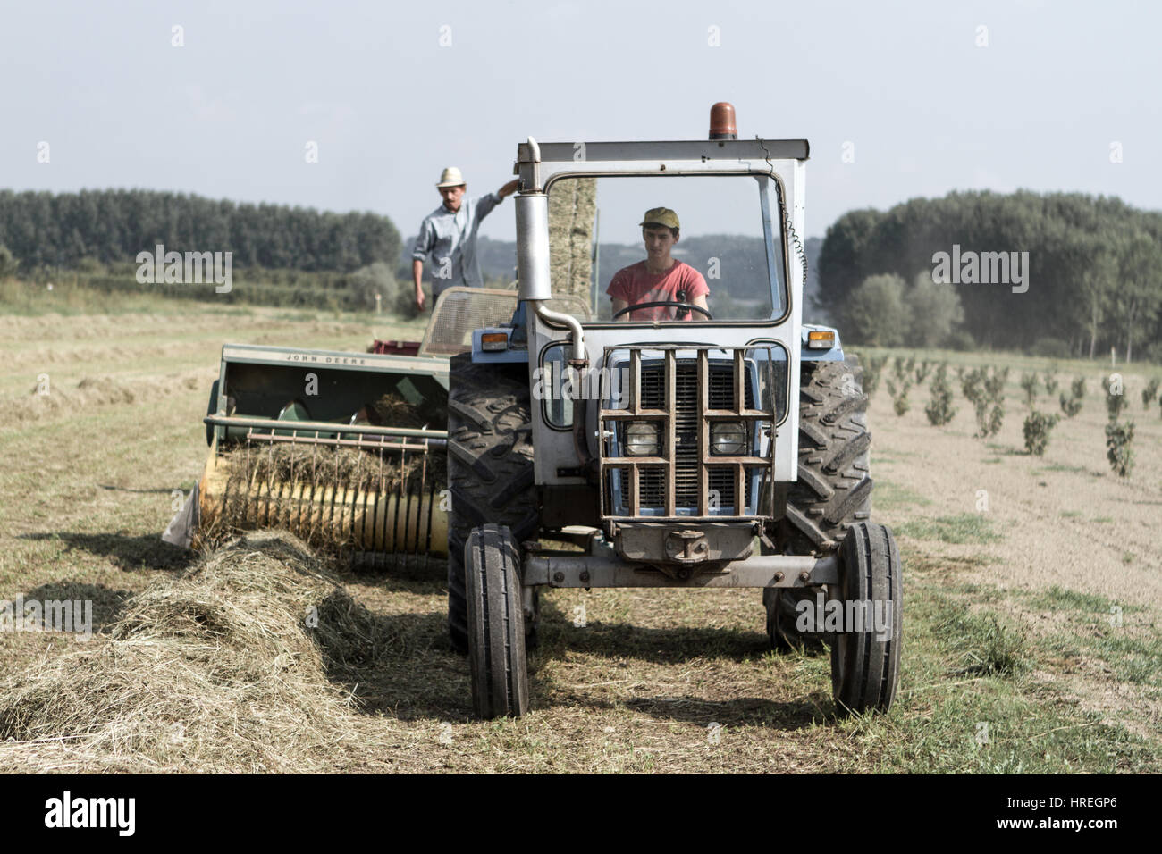 Two men on a tractor harvesting hay in Magliano Alfieri, which is located in the province of Piedmont, Italy. Stock Photo