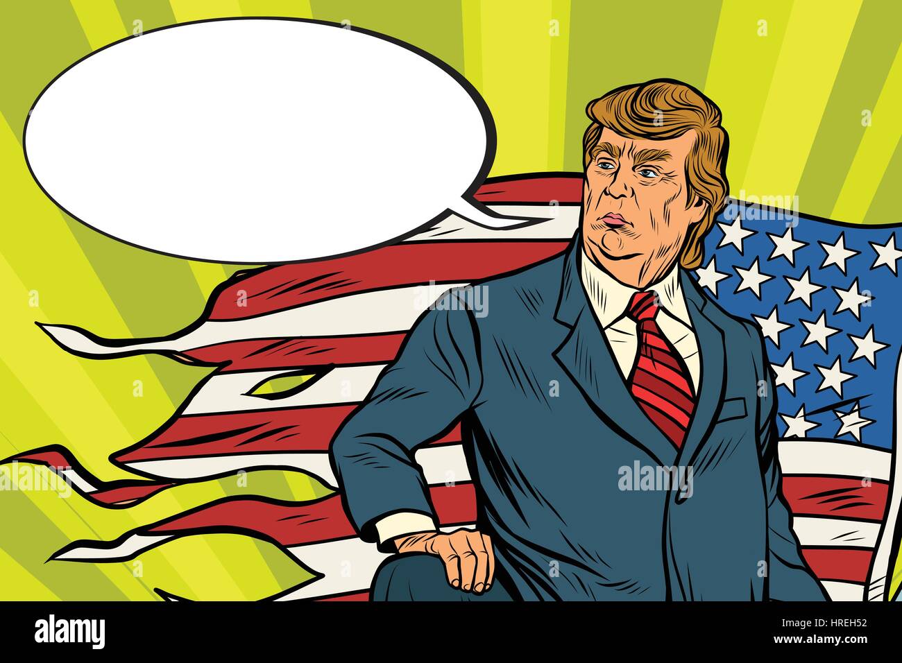 President Donald trump with USA flag, battlefield. Comic book vintage pop art retro style illustration vector Stock Vector