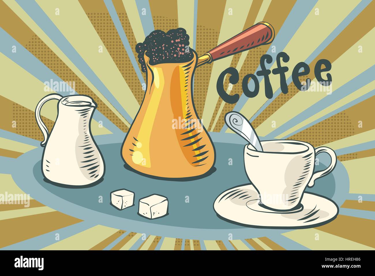 Hot coffee milk sugar and a Cup. Comic book vintage pop art retro style illustration vector. The cafeteria and cafes Stock Vector