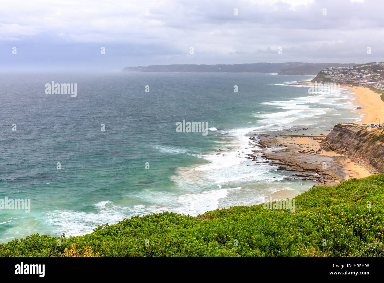 Looking south along the coastline of Newcastle, 2nd city in new south wales with bar beach and merewether beach, Australia Stock Photo
