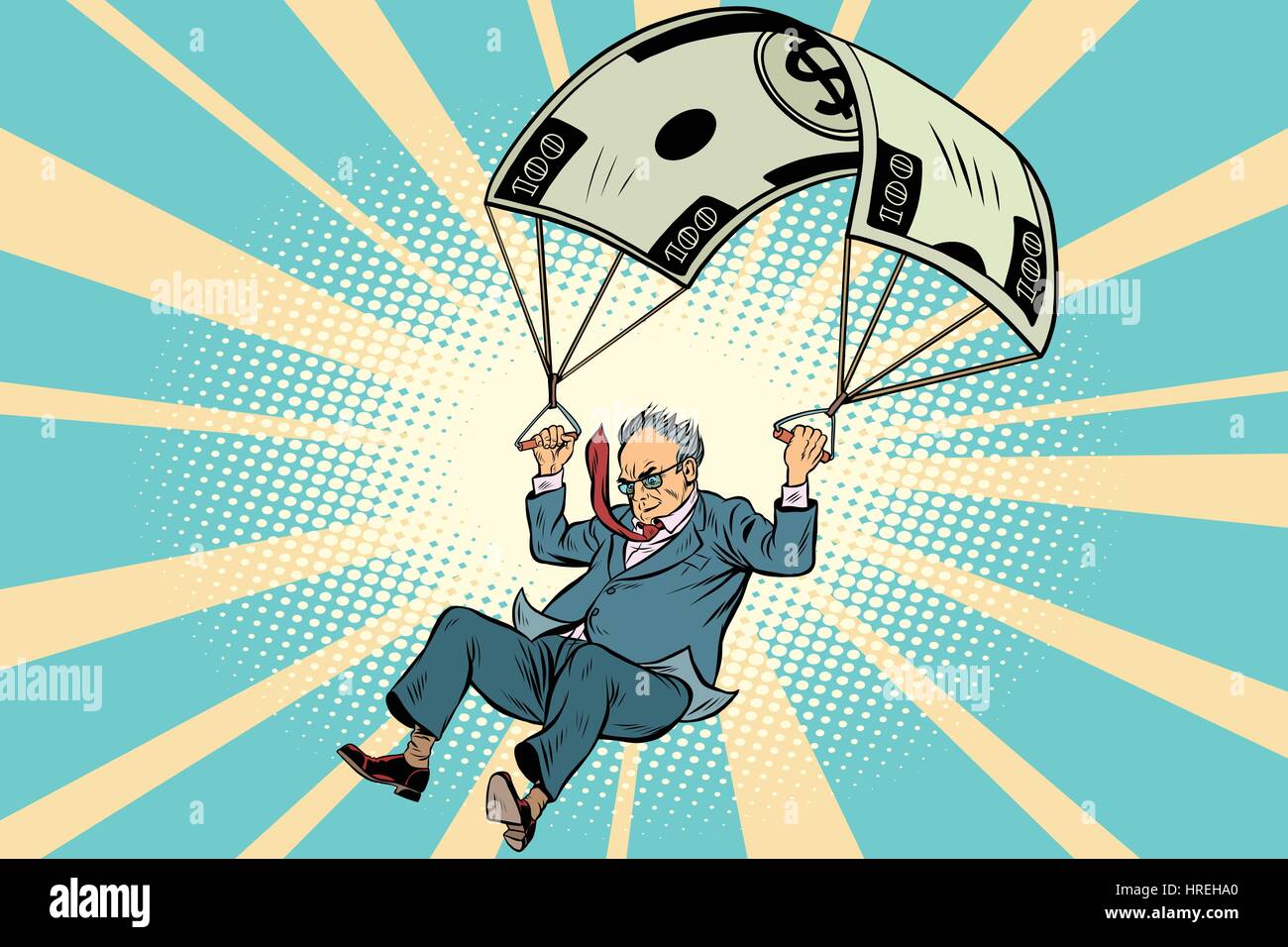 Retired Golden parachute financial compensation in the business. Comic book vintage pop art retro style illustration vector Stock Vector