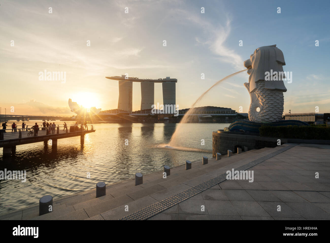 Singapore business district skyline with sunrise in morning at Marina Bay, Singapore. Stock Photo