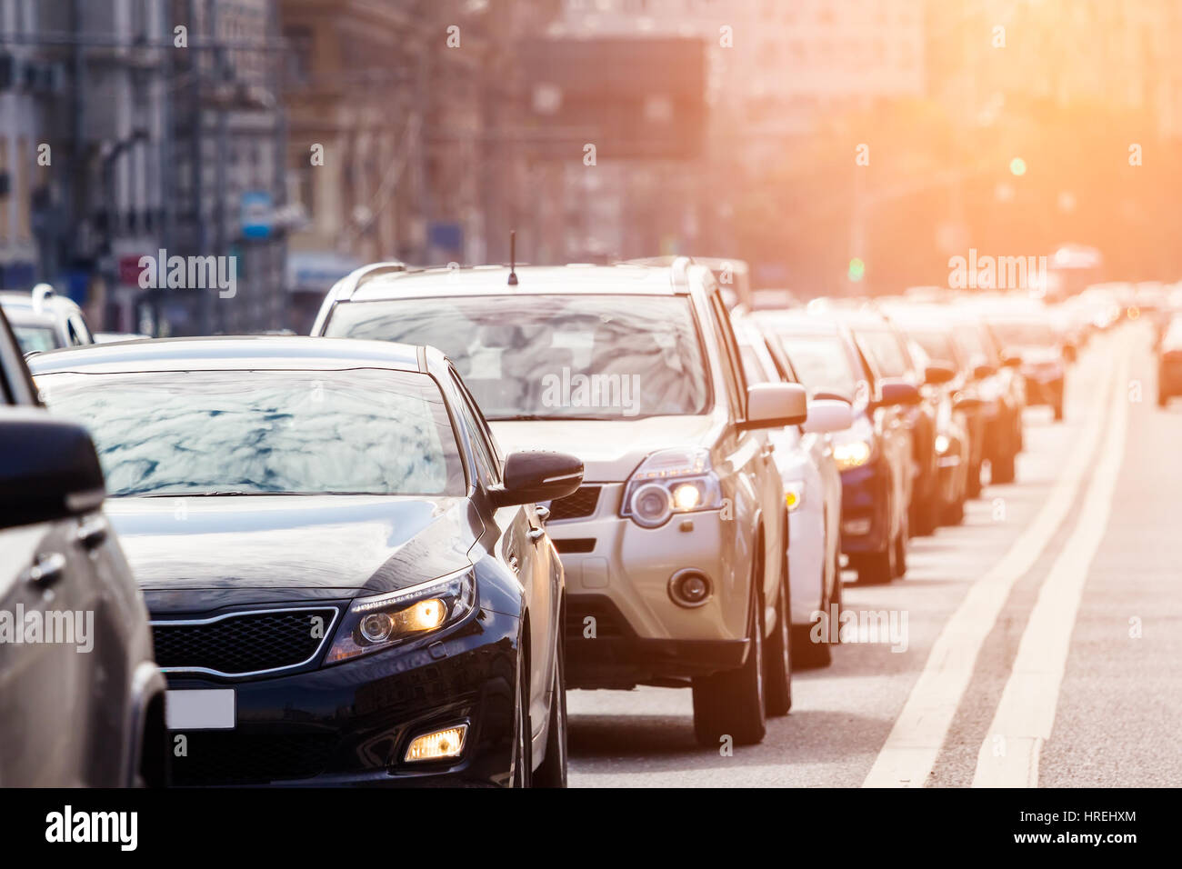 Close-up of the lane of cars in traffic jam Stock Photo
