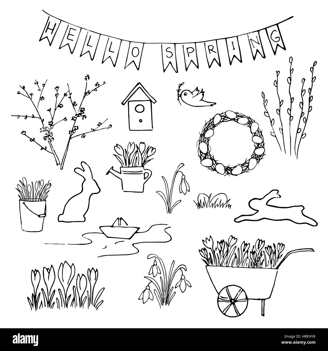 Hello Spring sketch set. First flowers and Lettering. snowdrops, crocus, tulips. navvy barrow, paper ship, watering pot, gardening. Hand drawn. Brush  Stock Vector