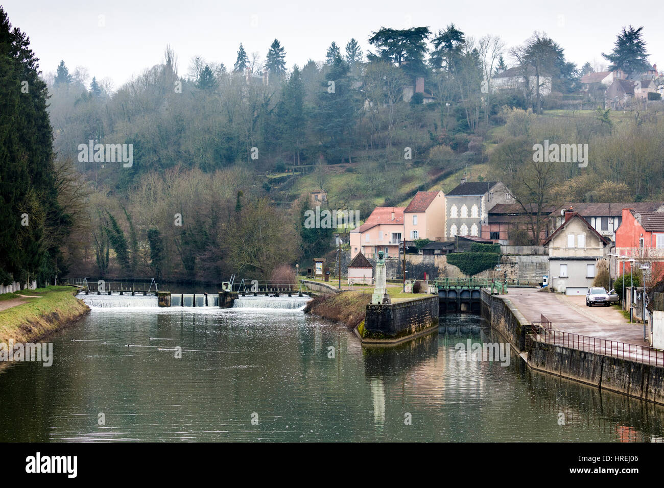 Lock and Dam on the Yonne River, Clamecy, Burgundy, France Stock Photo