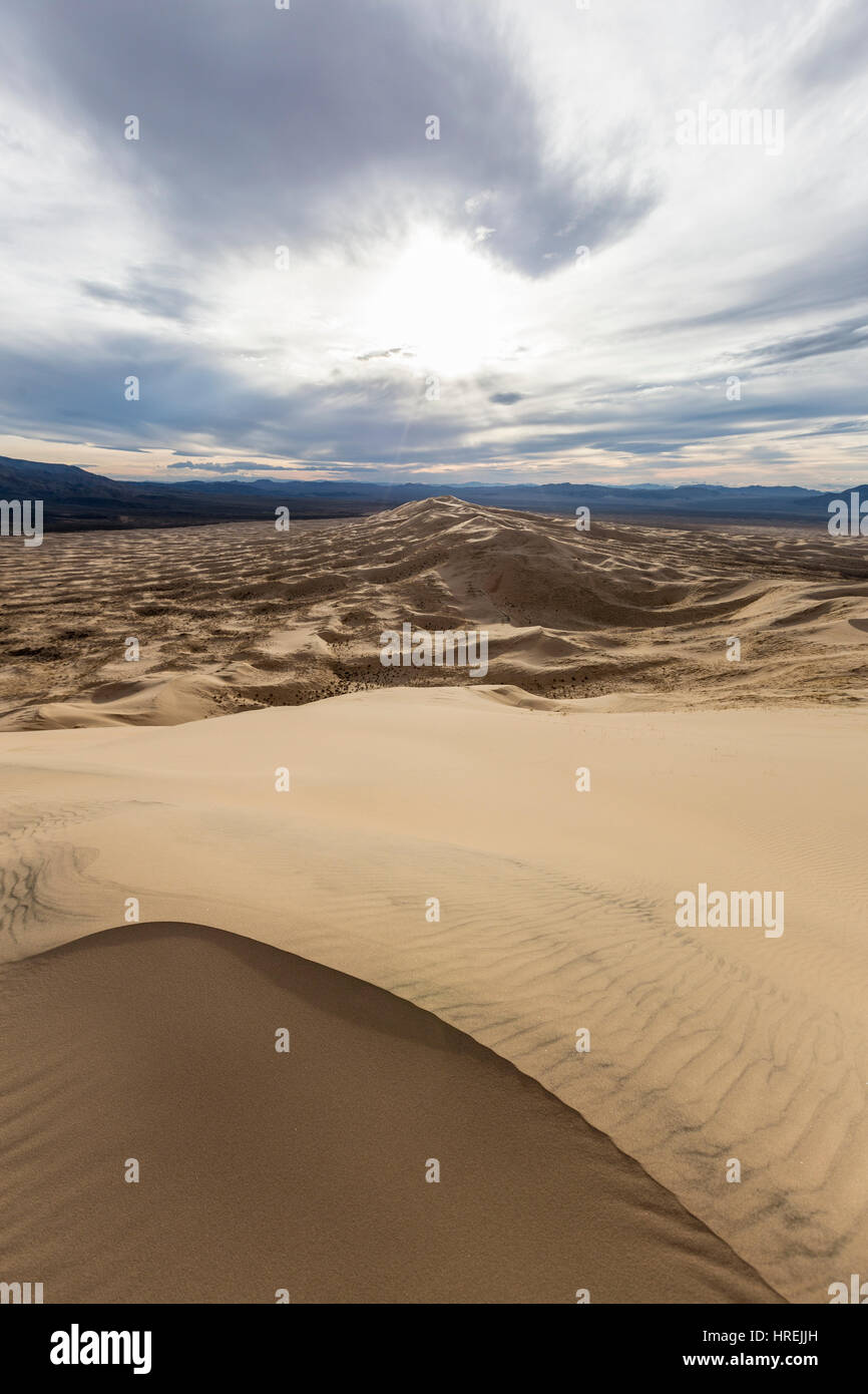 View from the top of Kelso Dunes in the Mojave National Preserve south of Baker, California. Stock Photo