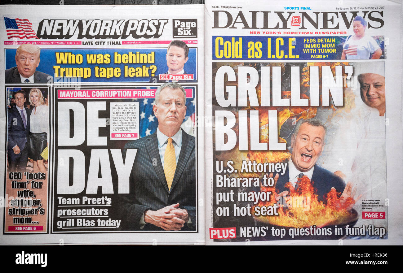 Front pages of New York tabloid newspapers on Friday, February 24, 2017 report on New York Mayor Bill de Blasio's being investigated and today's interview by U.S. Attorney Preet Bharara related to the mayor's fundraising.  (© Richard B. Levine) Stock Photo