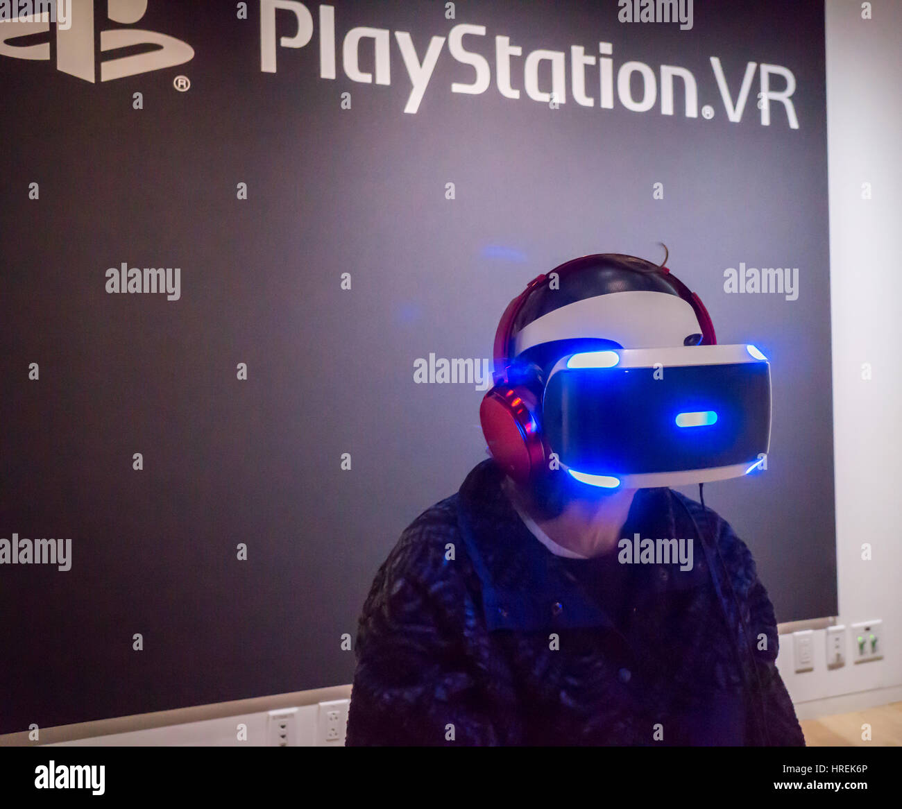 A visitor to Sony Square in New York on Monday, February 27, 2017 tries out the Sony Playstation VR virtual reality headset. The headset, an add-on to existing Playstation 4 consoles, has been very popular due to the existing market of Playstation owners. (© Richard B. Levine) Stock Photo
