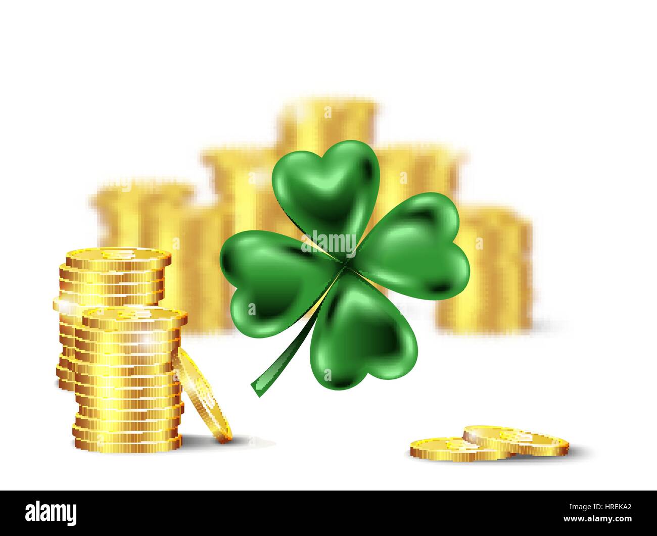 Green clover leaf, vector illustration for St. Patrick day. Blured stack of coins and four-leaf on white background. Stock Vector
