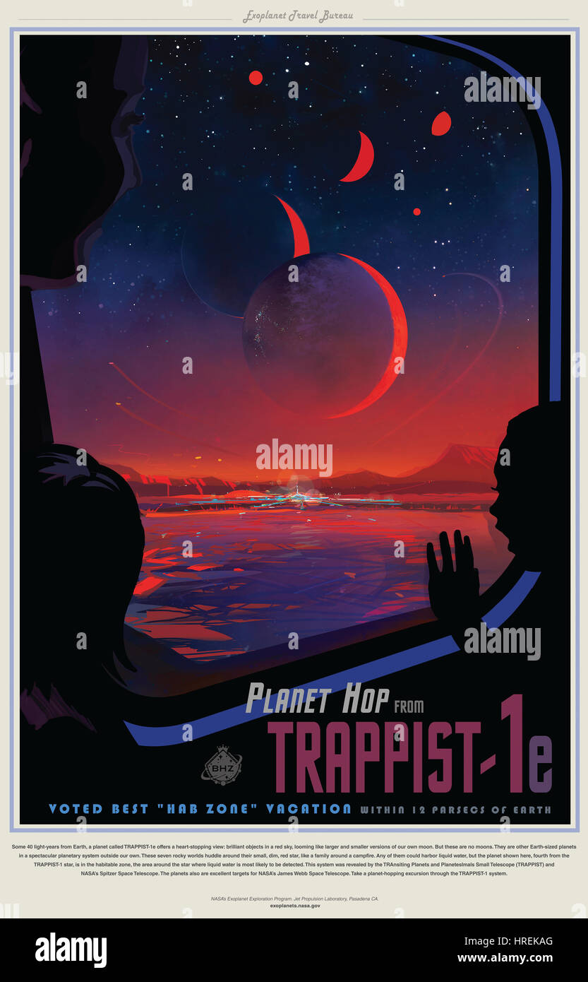 A NASA poster promoting the discovery of planets that possible could support life. Some 40 light-years from Earth, a planet called TRAPPIST-1e offers a heart-stopping view: brilliant objects in a red sky, looming like larger and smaller versions of our own moon. But these are no moons. They are other Earth-sized planets in a spectacular planetary system outside our own. These seven rocky worlds huddle around their small, dim, red star, like a family around a campfire. Any of them could harbor liquid water, but the planet shown here, fourth from the TRAPPIST-1 star, is in the habitable zone, th Stock Photo