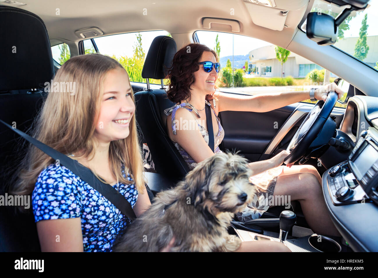 a family traveling by car in a  town Stock Photo