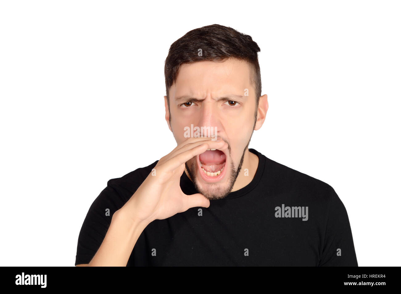 Portrait of a young man shouting. Isolated white background Stock Photo ...